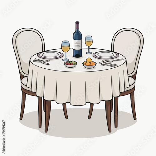 Empty chairs and tables are set for a meal in a restaurant dining room