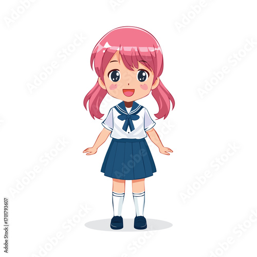 Adorable Pink-Haired Anime Schoolgirl with Blue Uniform - AI Generated