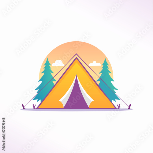 Vibrant camping scene with a tent, trees, and a sunset in a bright outdoor setting