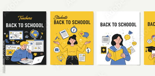 A collection of modern flat illustrations depicting students and teachers engaged in learning activities for the new academic year