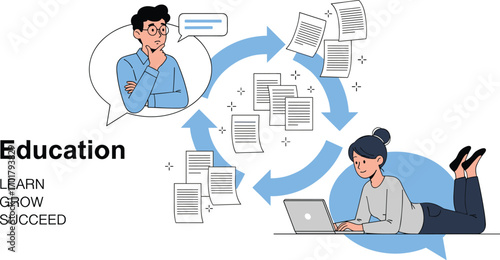 Concept of remote education and knowledge sharing with people collaborating online via a circular information flow illustration