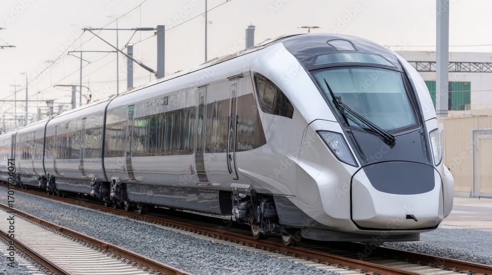 Naklejka premium Modern High-Speed Train on Railway Tracks, Streamlined Design for Efficient and Rapid Transportation Systems
