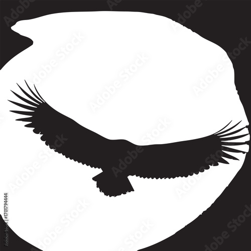 Silhouette of a soaring eagle against a moon backdrop, , capturing its freedom and majestic flight in a striking monochrome design