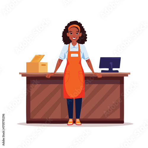 Smiling Female Cashier with Orange Apron - AI Generated