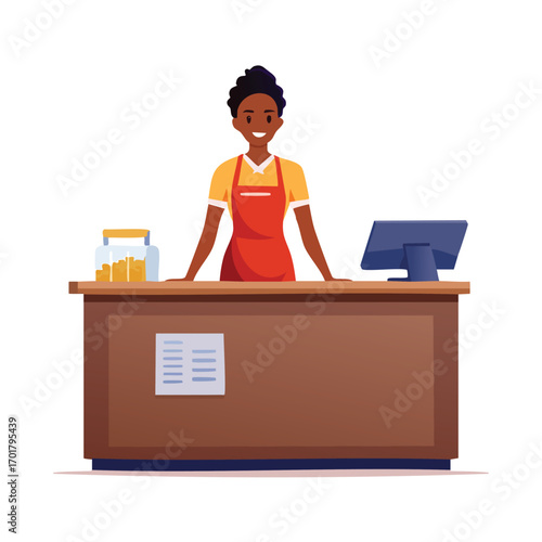 Female Cashier with Red Apron at Counter - AI Generated