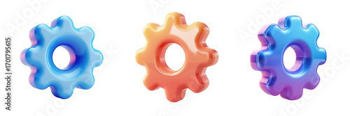 Three glossy 3 D rendered gears in blue orange and purple isolated on a transparent background