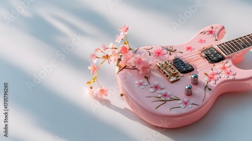 A pink guitar adorned with cherry blossoms rests elegantly on a surface, casting soft shadows, blending music with nature's beauty.