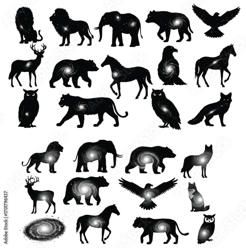 A collection of black vector silhouettes of dogs and other wild animals