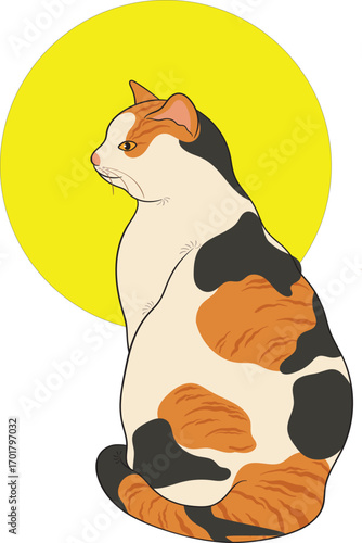 Elegant calico cat sitting gracefully against a vibrant yellow sun artwork for pet lovers and design projects