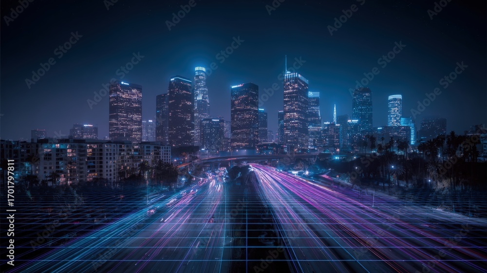 Obraz premium Vibrant Cityscape at Night with Light Streaks in a Modern Urban Setting