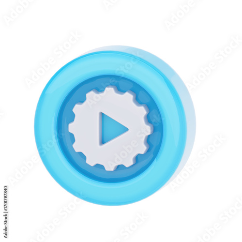 A vibrant light blue circular icon featuring a white gear with a play button symbol at its center, set against a clean white background.