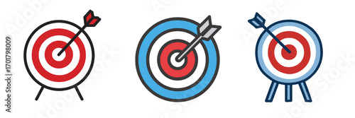 Three targets with arrows hitting bullseye in red blue colors isolated on a transparent background image