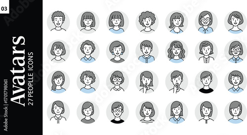 Minimalist vector avatars for diverse user profiles. Line art people icons ideal for digital interfaces, web and app design, featuring various hairstyles and expressions