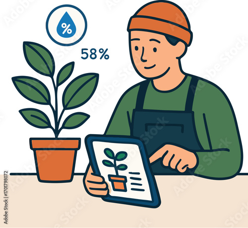 Home gardener tapping plant sensor data on a bedside tablet moisture percent badge Illustration