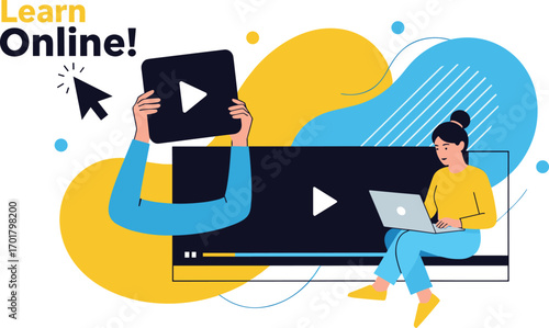 Vector illustration of a woman using a laptop for an online course. E-learning concept with video tutorials and virtual classroom elements