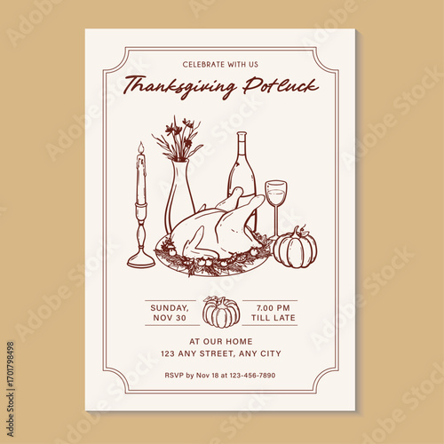 Thanksgiving potluck invitation template with hand-drawn objects. Vector illustration hand drawn thanksgiving dinner invitation template.