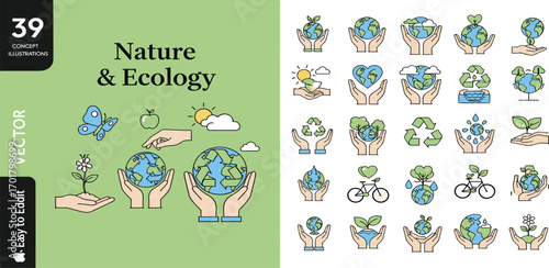 A collection of color line icons representing environmental conservation concepts, sustainability, and the idea of protecting the planet Earth for a green future