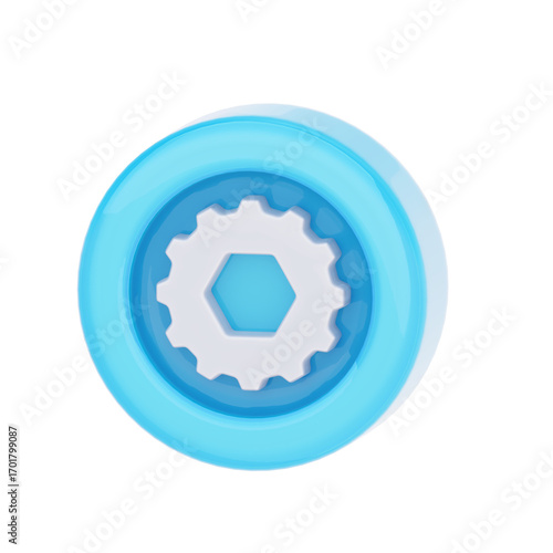 A 3D rendered icon featuring a light blue and white gear with a hexagonal center, symbolizing settings or mechanical processes.