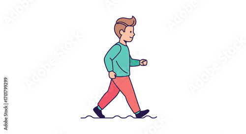A young man walks confidently and happily, with a slight smile and a relaxed stride.