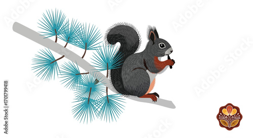 Whimsical squirrel perched on a pine branch, enjoying a nut