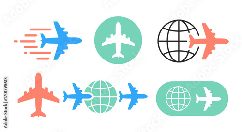 Collection of modern airplane icons symbolizing travel and global connectivity