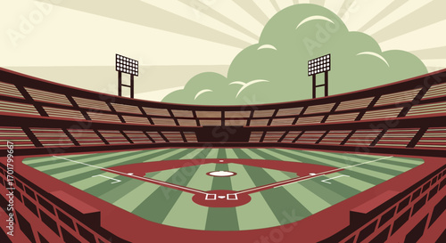 Vibrant baseball stadium under a stylized sky, ready for game day excitement.