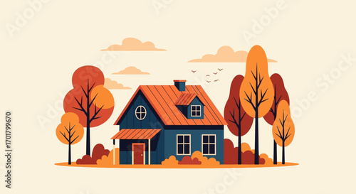 Cozy blue house nestled among vibrant autumn trees in a peaceful landscape