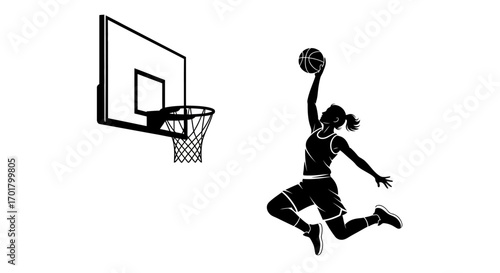 Dynamic silhouette of a female basketball player leaping to dunk on a white background.