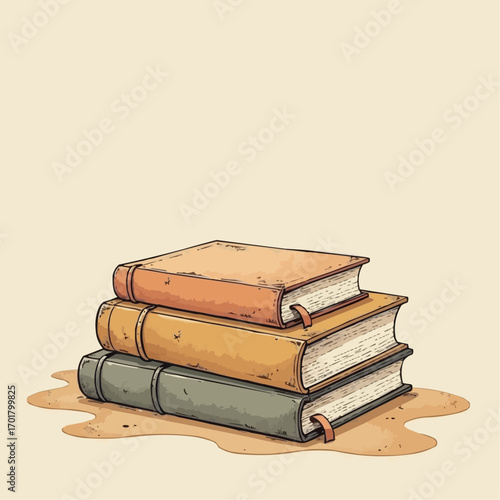 Illustration of a stack of vintage books on a light beige background