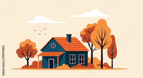 Cozy blue house nestled among vibrant autumn trees in a peaceful landscape