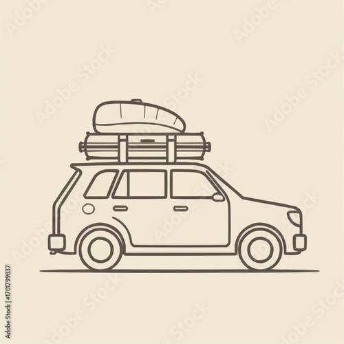 Line art illustration of a car with a rooftop cargo carrier on a light beige background