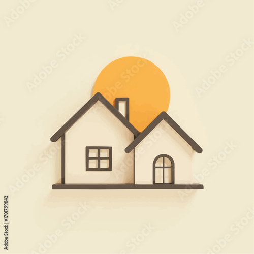 Stylized illustration of a house with a sun on a light beige background