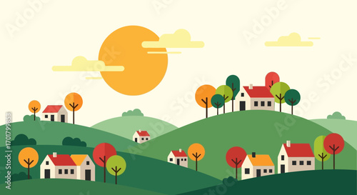 Charming village nestled in rolling green hills under a warm, sunny sky.