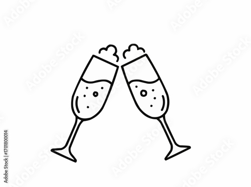 Line art illustration of two champagne glasses toasting on a light background