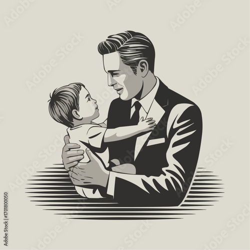 Father holding and gazing lovingly at his baby on a light background