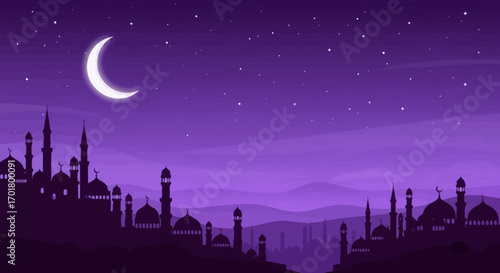 Serene crescent moon shines over a mystical purple cityscape of minarets under a starry night sky.