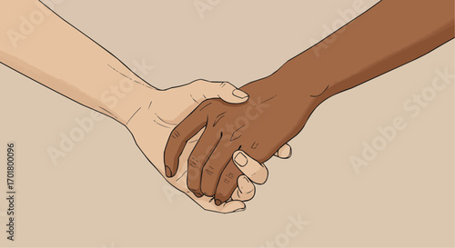 Two hands of different skin tones holding each other on a light background
