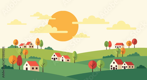 Idyllic countryside with rolling green hills, scattered houses and warm sunshine.