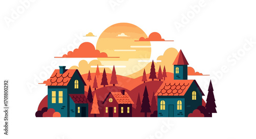 Cozy village nestled among rolling hills under a warm, hazy sunset.