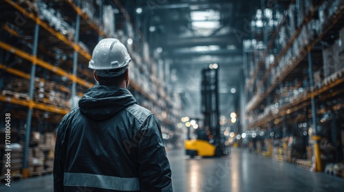 Warehouse Worker Overseeing Inventory Operations and Logistics with Forklift in a Large Distribution Center