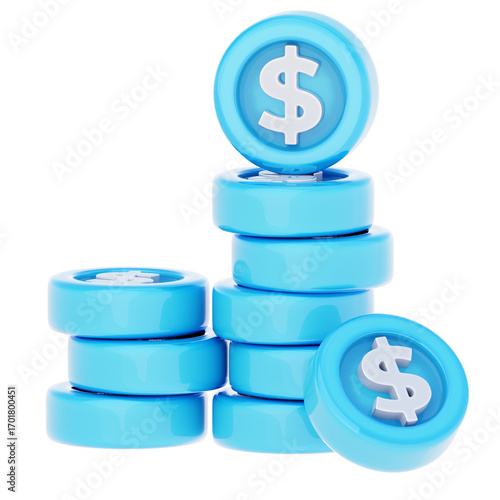 Stacks of light blue dollar sign coins or tokens symbolizing finance, wealth, and economic growth on a clean white background.
