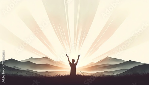 Silhouette man with arms raised in nature background with sun rays illustration