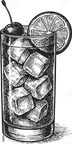 Refreshing highball cocktail with ice cherry and citrus slice sketch art