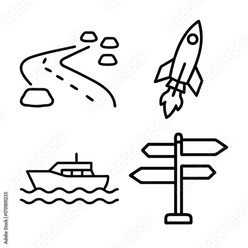 Four simple line art icons depict different modes of travel and guidance: a winding road, a rocket, a boat on water, and a directional signpost.