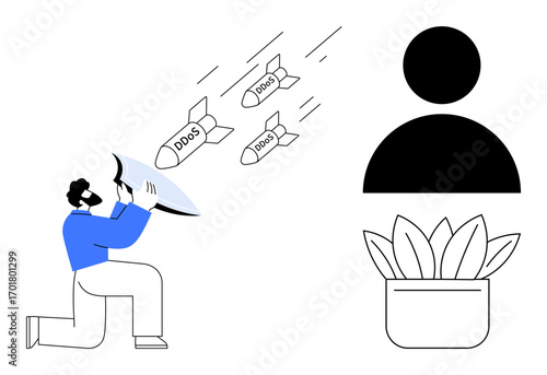 Man using shield to block cyber threats marked DDoS aimed at user icon alongside potted plant. Ideal for cybersecurity, online defense, protection, data safety, internet security, cyber awareness