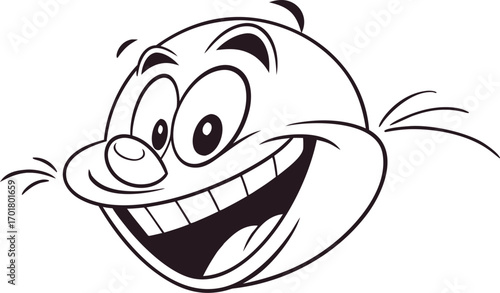 "Cartoon illustration of a smiling face with big eyes and wide grin. Funny comic character design in black and white line art. Perfect for stickers, kids’ graphics, and logos."