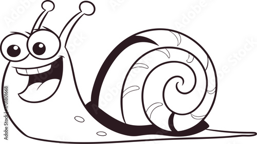 "Cartoon vector illustration of a happy snail with big eyes and smiling face. Cute character design in black and white line art. Perfect for kids, stickers, and mascots."