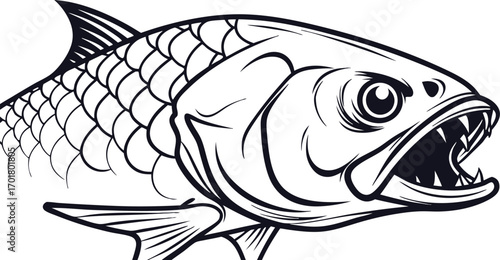 "Vector drawing of a fierce fish with sharp teeth and detailed scales. Aggressive aquatic predator illustration in monochrome line art. Perfect for tattoos, logos, and emblems."