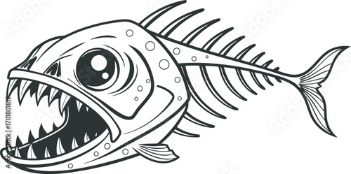 "Vector illustration of an aggressive fish skeleton with sharp teeth and fierce expression. Detailed line art design in monochrome. Ideal for tattoos, logos, emblems, and mascots."