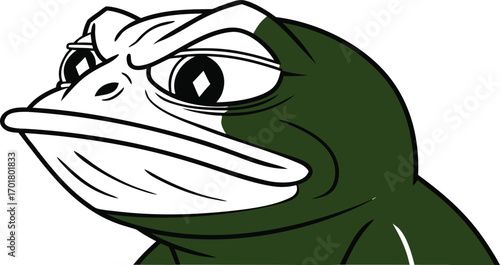 "Cartoon illustration of a serious frog face with bold expression. Green amphibian character design in vector style. Perfect for memes, stickers, logos, and graphic art."